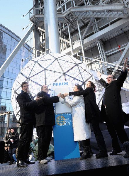 Times Square New Year's Eve celebration organizers, including Tim Tomkins Times Square Alliance President, Raul de Molina and Jeff Strauss, president of Countdown Entertainment, attend testing of the New Year's Eve Ball